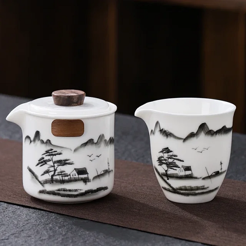 桃18园 手绘釉下彩能量玉瓷随手泡快客杯套装（快客杯+公道杯）